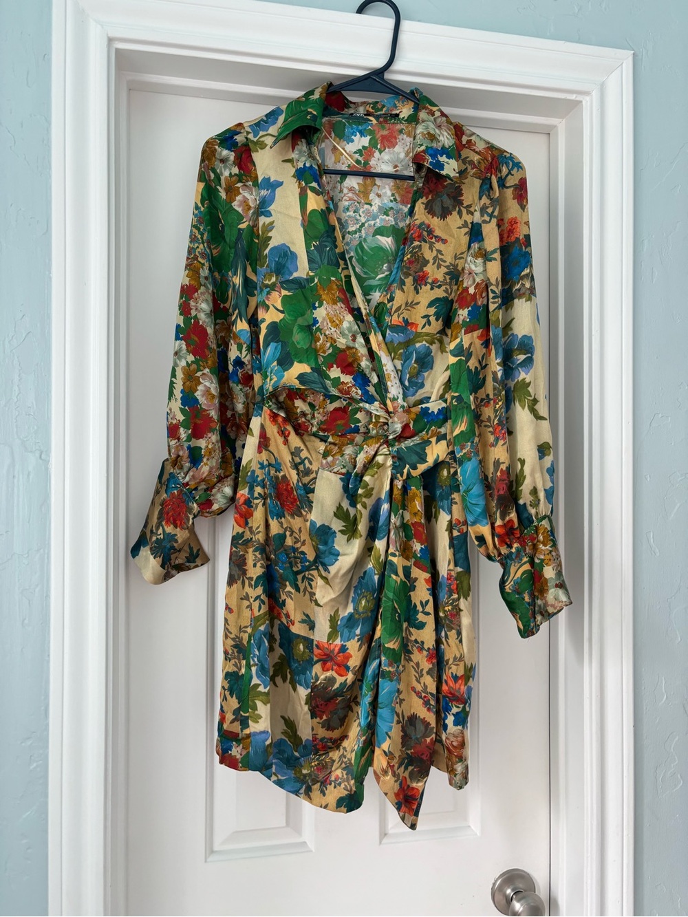 Zara Floral Satin Wrap Jacket Dress in Gold and Multicolor